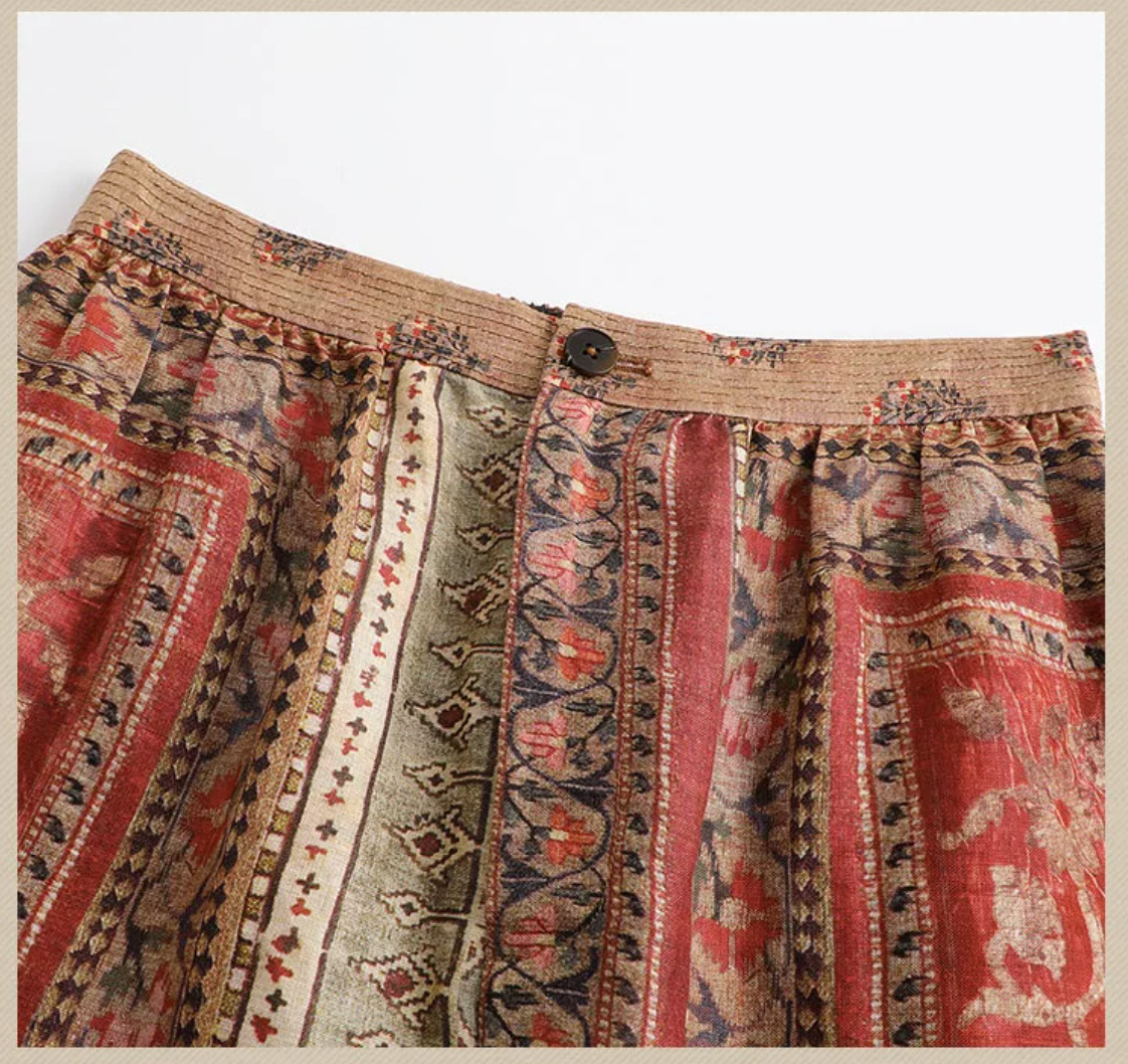Boho Linen Placement Print Wide-Leg Pants