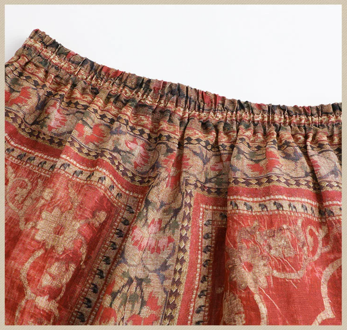 Boho Linen Placement Print Wide-Leg Pants