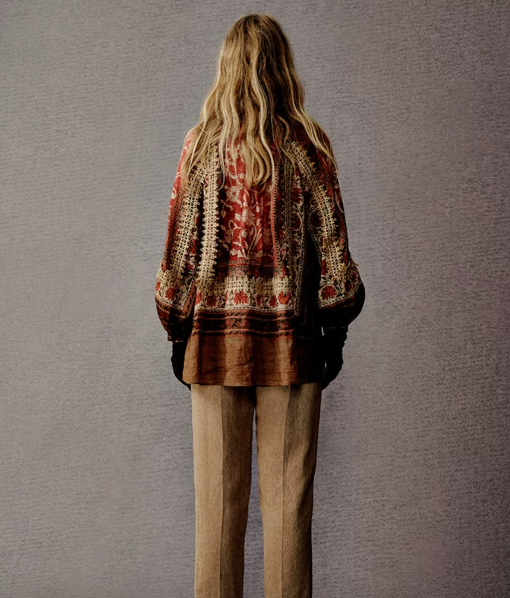 Ramie Floral Print Shirt with Woven Trim