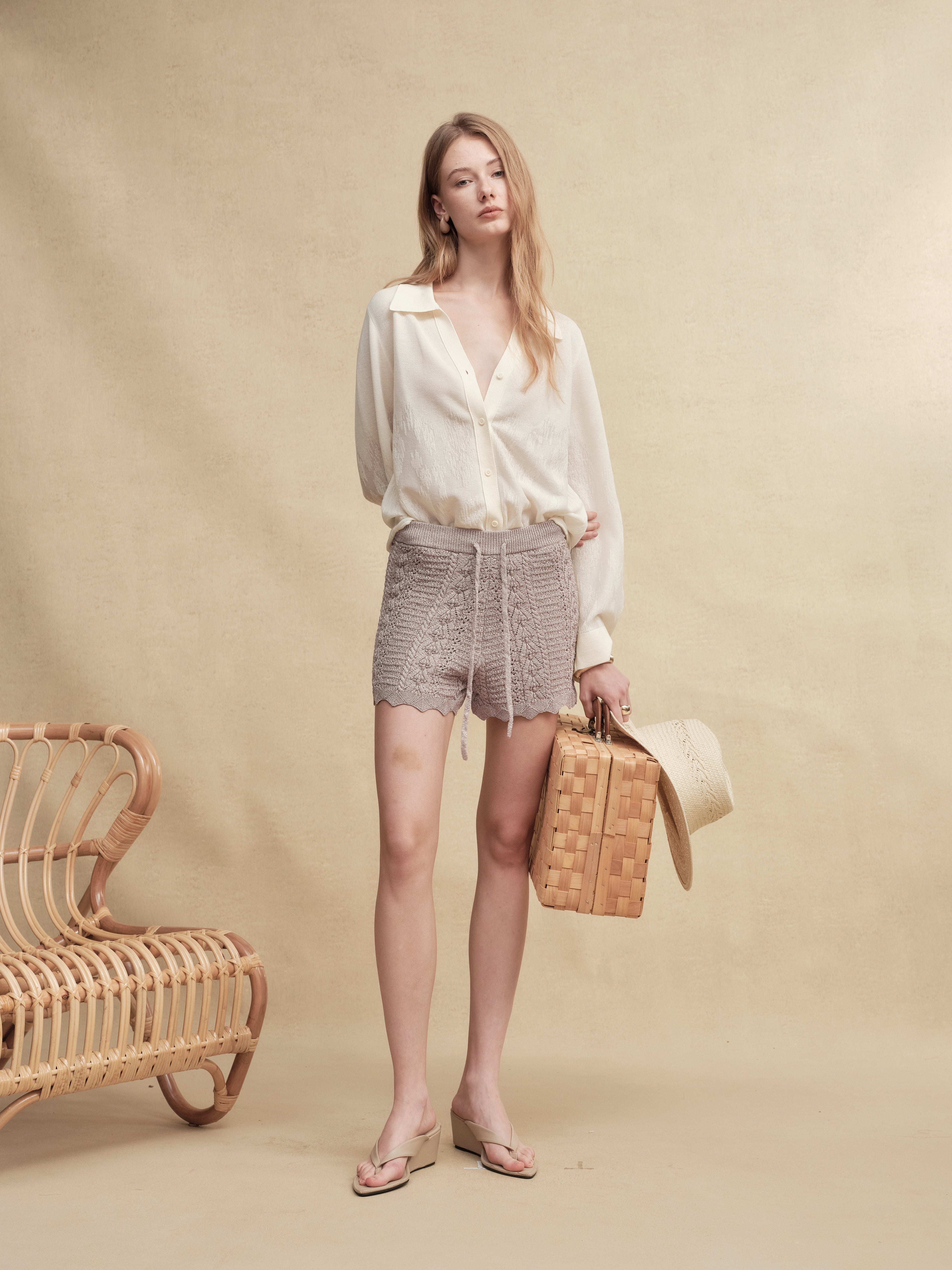 Textured Wave-Hem Knit Shorts