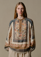Vintage Boho Floral Print Lace Patchwork Ramie Blouse