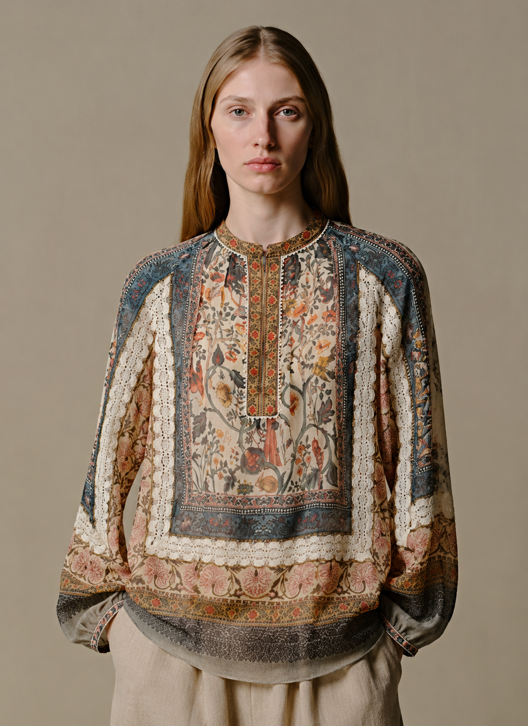 Vintage Boho Floral Print Lace Patchwork Ramie Blouse