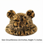 Plush Leopard Print Bucket Hat with Bear Ears – Cute Bear Hat