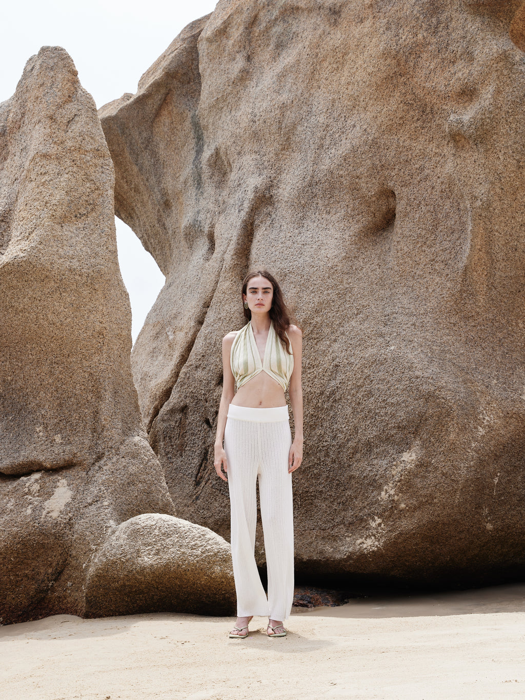Timeless Capsule Linen Striped Halterneck Knit Bra Top